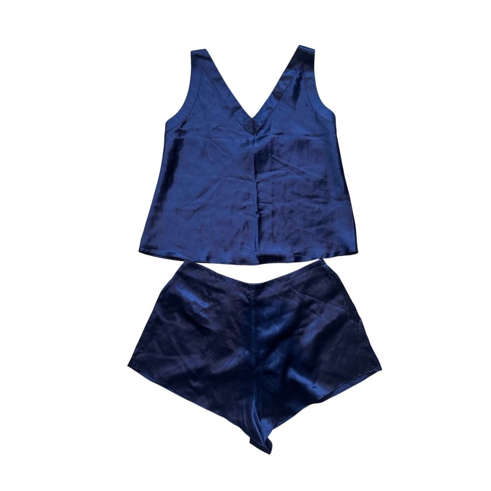 Victoria’s Secret Vintage 90s Silk two Piece tank shirt pajama set Navy Blue S